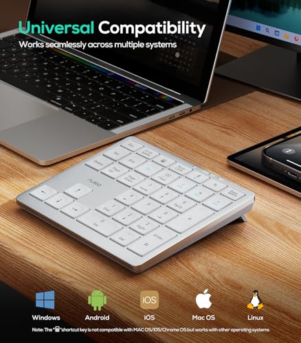Nulea Wireless Number Pad Bluetooth 5.0 & 2.4G Portable Numeric Keyboard, USB-C Rechargeable, 34-Keys Bluetooth Keyboard for Data Entry (Silvery White) - color: C-Silvery White