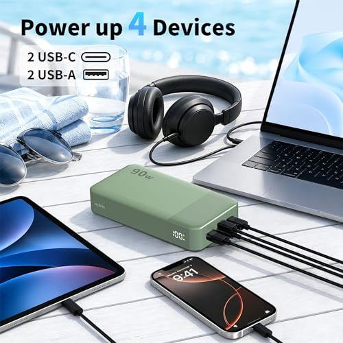 NOBIS Power Bank 90W 20,000mAh Laptop Portable Charger | PD Fast Charging Battery Pack, 4-Port, Digital Display, Compatible Laptop, Tablet, Phone and More - color: Green
