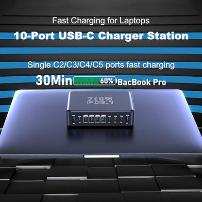 CHIPOFY 710W USB C Charging Station | 10-Port PD3.1 140W GaN Charger Block for MacBook Laptop, iPad, iPhone 17/16, Galaxy S25/S24 and More