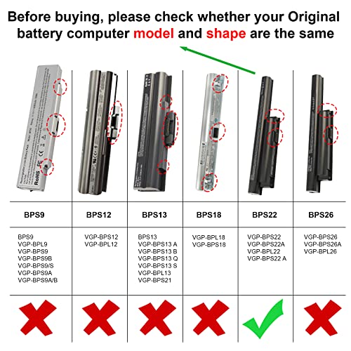 Futurebatt 6Cell Laptop Battery for Sony Vaio VGP-BPS22 VGP-BPS22A VGP-BPL22 VGP-BPS22/A VPC-E1Z1E VPC-EA - size: BPS22 12.13 3.15 1.77in