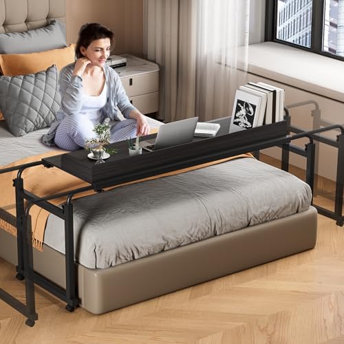 Adjustable Height Overbed Table, Rolling Overbed Bedside Desk with Raised Baffle and Spacious Desktop, Over BedTable with Wheels for Home Office Bedroom Hospital Use (Matte Black) - color: Matte Black