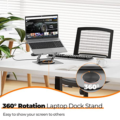 Tobenone Laptop Docking Station Stand for MacBook Pro/Air/Dell/HP/Surface/Lenovo, Mac Docking Station with 4K HDMI, USB 3.0, RJ45, PD 3.0, USB C Laptop Stand Hub for Desk with 360 Rotating Base Grey