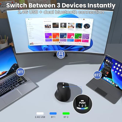Wireless Bluetooth Mouse, Multi-Device Ergonomic Mouse with 5 Programmable Buttons, 4-Way Metal Scroll Wheel,4800 DPI Adjustable, 18-Month Battery Life, Silent Click, for Laptop, PC, Mac - Black
