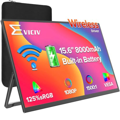EVICIV Wireless Portable Monitor with 8000mAh Battery, 15.6" (4-5H) | Support AirPlay, Miracast Laptop Display, USB-C & MINI HDMI & VESA, Travel Second Screen for Laptop, Computer, Game Consoles - size: 15.6 Inch