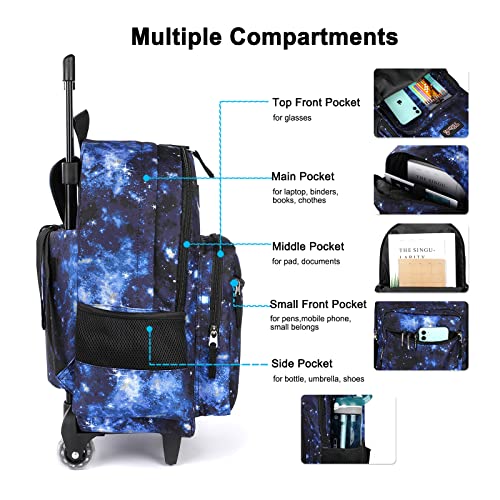Tilami Rolling Backpack 18 inch Double Handle with Lunch Bag Wheeled Kids Backpack for Girls and Boys, Galaxy Blue - color: Galaxy Blue