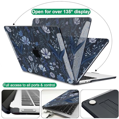 Compatible with 2022 2023 2024 MacBook Air 13.6 inch Case A3113 M3 A2681 M2, Crystal Printed Pattern Plastic Hard Case Cover for MacBook 13.6 inch Air 2024 M3 Touch ID, Wild Flowers Black - color: Wild Flowers Black