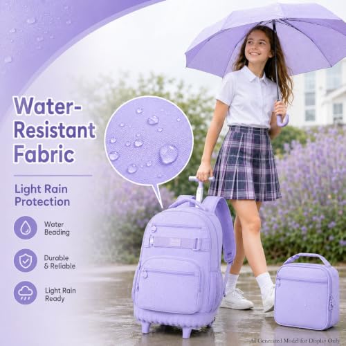 3Pcs Rolling Backpack for Girls Women, 19 Inche School Roller Backpacks with Wheels, Adults Wheeled Bookbag with Lunch Box(Purple) - color: Classic Purple