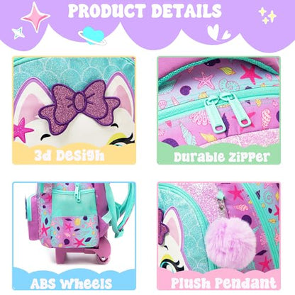 Meetbelify Cute Cat Rolling Backpack with Wheels for Elementary Preschool Students Kids Travel Luggage Carry on Backpack for Girls Ages 6-8 - color: 01 Mermaid Cat