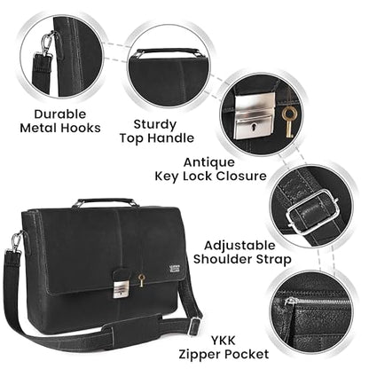 Leather Messenger Bag for Men & Women, 16'' Handmade Laptop Briefcase Satchel, Crossbody Shoulder Office Bag for Work, Travel - color: Black