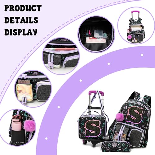HTgroce Cute Rolling Backpack with Wheel,School Backpack for Kids Girl Roller Schoolbag Wheeled Backpacks Set Carry-on Luggage,Black S - color: Black, style: S
