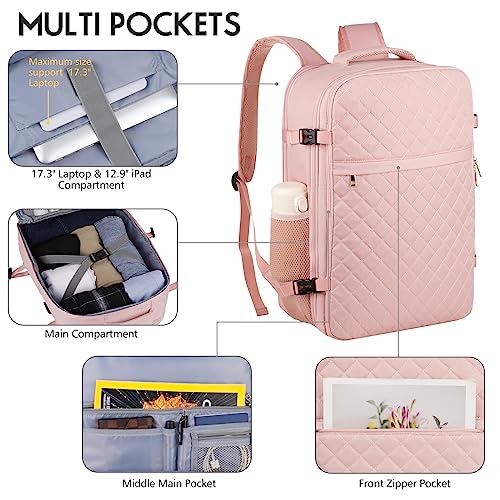Large Travel Backpack Women, Flight Approved Carry On Backpack, Water Resistant Anti-Theft Large Casual Daypack Fit 17 Inch Laptop with USB Charging Port, Pink - color: Pink, size: 17.3 inch