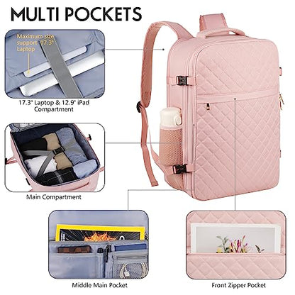 Large Travel Backpack Women, Flight Approved Carry On Backpack, Water Resistant Anti-Theft Large Casual Daypack Fit 17 Inch Laptop with USB Charging Port, Pink - color: Pink, size: 17.3 inch