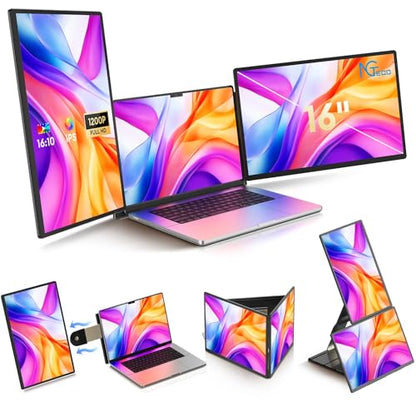 NGTeco 16" Triple Laptop Screen Extender, 1200P IPS Extended Monitor Portable, Plug & Play, Rotation Detachable Screen, Compatible with Windows/Mac/Chrome OS - size: 16 inch-T