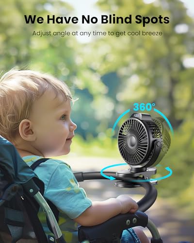 Koonie Portable Clip On Fan, Small Rechargeable Battery Operated, 3 Speeds | Mini Clamp Fan With LED Display, 360° Rotate Personal Cooling Desk Fan for Stroller Bed Travel Camping Golf Gym - color: black