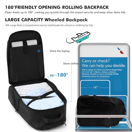 Rolling Backpack with Wheels, Roller Backpack for 17.3 Inch Laptop | 40L Water Resistant Wheeled Laptop Backpack, Flight Approved Carry on Luggage for Men Women Business Travel College, Black - color: Black