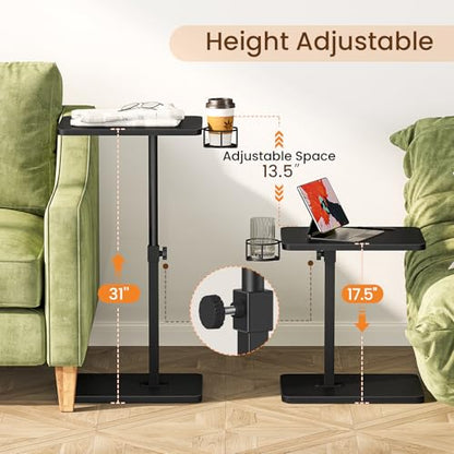 Giikin Side Table, 360 Swivel & Height Adjustable TV Trays for Eating on Couch, Sofa Armrest TV Tray Table with Cup Holder for Small Spaces, C-Shaped, Black, 11.8" D x 15.8" W x 31" H - color: Black