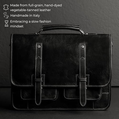 Time Resistance Leather Briefcase – Italian Handmade Leather Laptop Bag – Briefcase Convertible into Backpack - color: Black