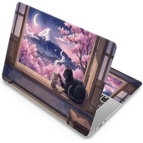 Universal Laptop Skin, DIY Cut-to-Fit Vinyl Cover Compatible with HP, Dell, Lenovo, Mac (13.3" to 15.6"), Anti-Scratch, No Residue & Bubble-Free Protective Decal Sticker, Cherry Black Cat - color: Cherry Black Cat