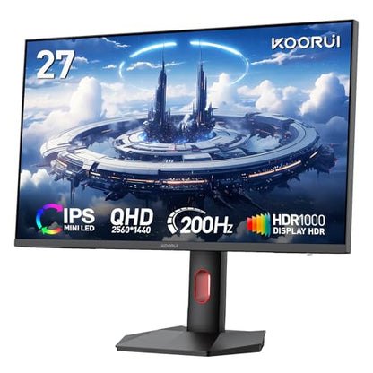 KOORUI 27 inch Mini-LED IPS Gaming Monitor, 200Hz 1ms, QHD 1440P HDR1000 | 97% DCI-P3, Adaptive Sync, PiP/PBP, Swivel/Pivot/Height Adjustable, HDMI and DisplayPort, Premium Gaming, Content Creation - size: 27"/QHD/200Hz