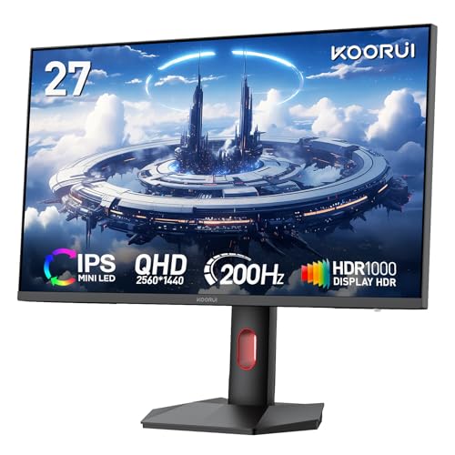 KOORUI 27 inch Mini-LED IPS Gaming Monitor, 200Hz 1ms, QHD 1440P HDR1000 | 97% DCI-P3, Adaptive Sync, PiP/PBP, Swivel/Pivot/Height Adjustable, HDMI and DisplayPort, Premium Gaming, Content Creation - size: 27"/QHD/200Hz