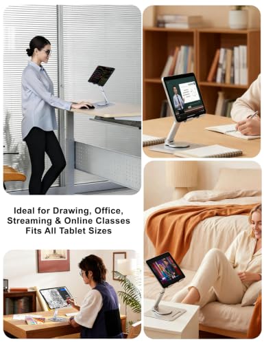 Laptop Stand, Height Adjustable 360° Swivel Anti-Wobble Base | Ergonomic, dual-axis, aluminum arm, carbon steel base, hollow cooling panel, fits 10-17" laptops, foldable, home office - color: silver