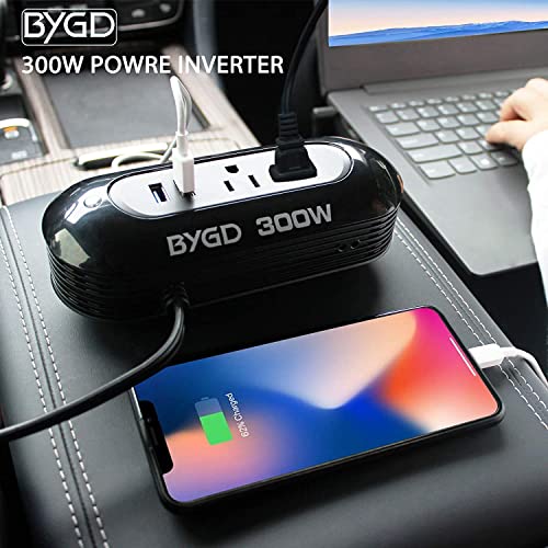 300W Car Power Inverter DC 12V to 110V AC Converter – Dual AC Outlets & Dual 2.4A USB Fast Charging Ports, Cigarette Lighter Adapter for Phones, Tablets, Laptops on Road Trip