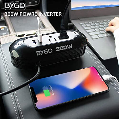 300W Car Power Inverter DC 12V to 110V AC Converter – Dual AC Outlets & Dual 2.4A USB Fast Charging Ports, Cigarette Lighter Adapter for Phones, Tablets, Laptops on Road Trip