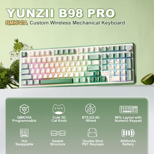 YUNZII B98 PRO QMK/VIA Wireless Mechanical Gaming Keyboard,96% Layout with Numpad and Cute Cat Knob, BT/2.4G/USB-C,Linear Switch Hot Swap Gasket,RGB for Win/Mac (Matcha Green, Candy Linear Switch) - color: Matcha Green, size: Candy Linear Switch
