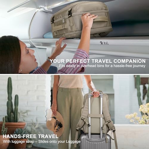 Travel Backpack Carry On Everyday Laptop Backpack Fits 16" Laptop | Flight Approved Luggage Backpack for Men Women, Suitcase-Style Main Pocket, Laptop Compartment, USB Port, for Travel, Daily - color: Khaki