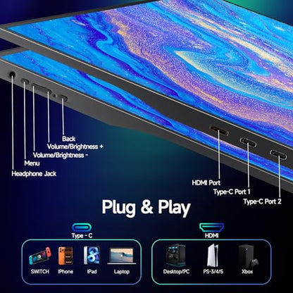 15.6" Portable Monitor, Dual USB C HDMI Laptop Screen Extender for Laptop | Ultra-Slim Travel IPS Display with HDR, 100% sRGB, VESA Mount & Built-in Speakers for Mac Phone PS5 Xbox Switch - size: 15.6