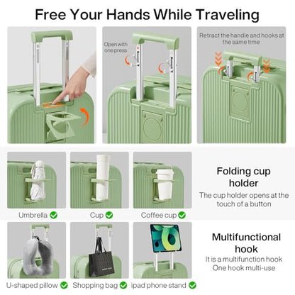 mixi Carry On Luggage with Cup Phone Holder Hard Shell Rolling Travel Suitcase with Spinner Wheels,20 Inch Avocado Green - color: Avocado Green, size: 20-inch