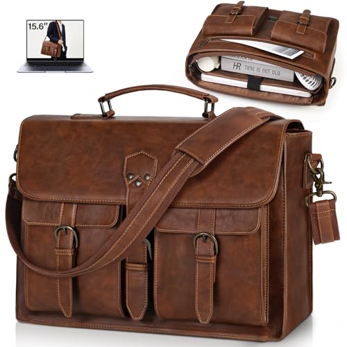 RAINSMORE Messenger Bag for Men, Vintage Large Laptop Briefcase PU Leather | 15.6 Inch Laptop Bag Waterproof Computer Satchel for Office Work Travel College, Brown - color: Brown, size: 15.6 inch
