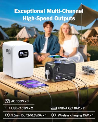 BROWEY Portable Power Station 153Wh Small Solar Generator with Hand Crank 120V 150W AC Outlet Lithium Battery Power Bank, Wireless Charging Emergency Charger for Outdoor Camping Travel Home Backup - color: Green