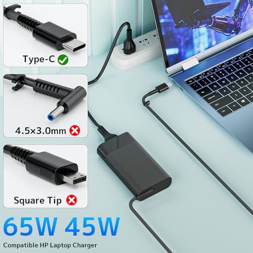 65W USB C Laptop Charger Fit for HP Chromebook 14-CA000 X2 OmniBook Ultra X | Spectre 12 13 X360 Pavilion 12-B000 Envy x2 Elite x2 EliteBook Power Adaoter | 65W/45W PD Fast Charging | Wide Compatibility