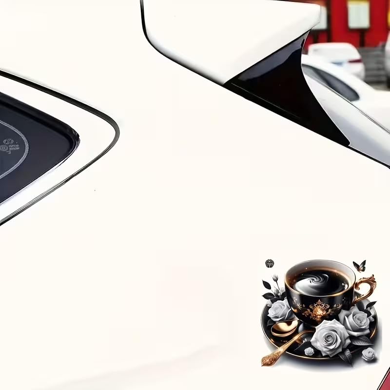 Rose Flower and Coffee PVC Vinyl Car Decals Stickers Waterproof Self-Adhesive Decals for Cars, Laptops, Trucks, Motorcycles Wall Window Luggage Scratch Cover Door Decor Sticker