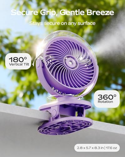 SWEETFULL Portable Misting Clip On Fan, USB-C Rechargeable Mini Personal Cooling Fan with 4 Speeds, 360° Rotatable, Quiet Cooling for Outdoor, Camping, Golf Cart, Travel, Stroller & Desk (Purple) - color: Light purple