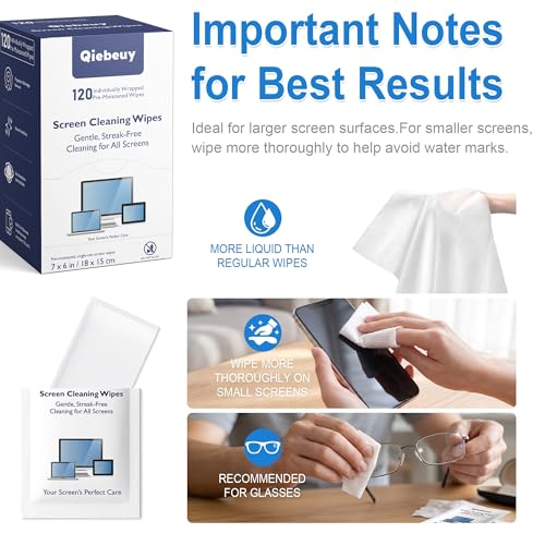 Screen Cleaner Wipes for Electronics, Lens Wipes, Streak-Free Screen Wipes | 120 Count Electronics Cleaning Wipes for Portable Monitor, Gaming Monitor, Computer Screen, Laptop, Phone, Glasses