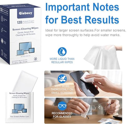 Screen Cleaner Wipes for Electronics, Lens Wipes, Streak-Free Screen Wipes | 120 Count Electronics Cleaning Wipes for Portable Monitor, Gaming Monitor, Computer Screen, Laptop, Phone, Glasses