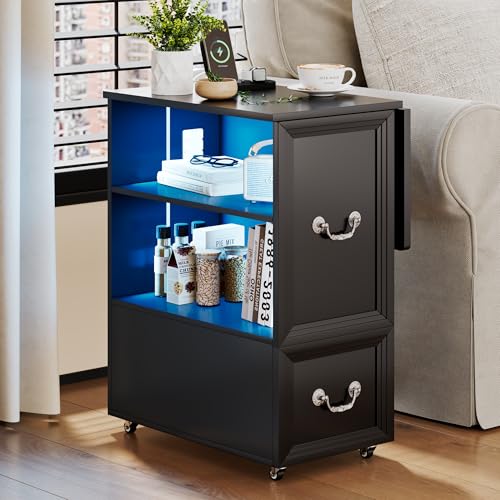Lareth Rolling Side Table with Wheels, Led Lights & Charging Station | Foldable Desktop Narrow End Table, 1 Drawer, 2 Bookshleves, 27.56"H Tall Nightstand for Small Space, Living Room, Black - color: B Black