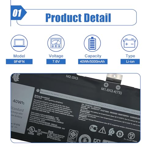 40Wh 9F4FN Laptop Battery Replacement for Dell Latitude 7320 Detachable Inspiron 14 3420 Series 09F4FN 2VKW9 8PK6G 7.6V 5000mAh