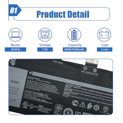 40Wh 9F4FN Laptop Battery Replacement for Dell Latitude 7320 Detachable Inspiron 14 3420 Series 09F4FN 2VKW9 8PK6G 7.6V 5000mAh