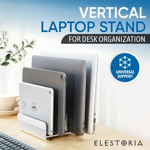 Elestoria 5- Slot Vertical Laptop Stand - Aluminum Laptop Stand Vertical for Desk - Adjustable Width (12-38mm) Fits MacBook Pro/Air, Surface & Gaming Laptops upto 17.3"-Heavy Duty Laptop Holder-Silver - color: Silver