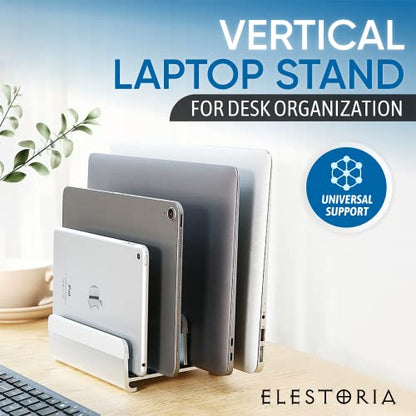 Elestoria 5- Slot Vertical Laptop Stand - Aluminum Laptop Stand Vertical for Desk - Adjustable Width (12-38mm) Fits MacBook Pro/Air, Surface & Gaming Laptops upto 17.3"-Heavy Duty Laptop Holder-Silver - color: Silver