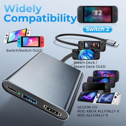 Switch 2 Dock,Portable USB C Docking Station with 4K@60Hz~120Hz HDR/PD Max 100W/1000M Ethernet/2 USB 3.0 Port,Aluminum Alloy Travel TV Dock for Switch/Steam Deck/ROG Xbox Ally X/Legion Go 1/2/S - size: LAN Model