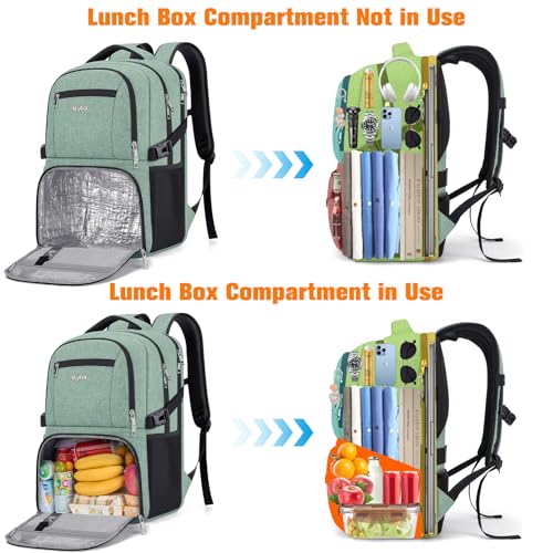 Insulated Lunch Backpack Fit 17" Laptop with Cooler Compartment | 2 In 1 Work Backpack with Lunch Box, Lunch Compartment, Water-Resistant, Lightweight, College Couputer Bag, Men & Women - color: Green