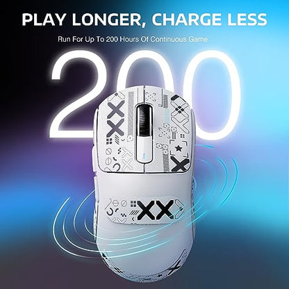 ATTACK SHARK X3 49g Ultra-Lightweight Wireless Gaming Mouse, White&Tape | Bluetooth 5.2/2.4G Wireless/Wired, PAW3395 Gaming Sensor, 26K DPI, 200h Battery Life, Programmable Buttons for PC/Mac/Win - color: White & Griptape