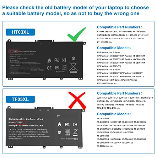 Futurebatt HT03XL L11119-855 Laptop Battery for HP 240 245 250 255 G7 340 348 G5 HP Pavilion 14-CE 14-CF 14-DF 15-CS 15-CW 15-CU 15-DA 15-DB 15-DW 17-by 17-CA HSTNN-LB8M L11421-542 - size: HT03XL 8.94, 4.96, 0.71in