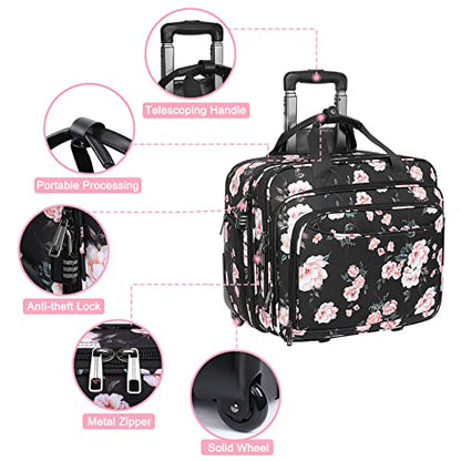 MOSISO Rolling Briefcase Laptop Bag for Women, Wheel Briefcase Teacher Bag for 15.6 inch with Coded Lock, Overnight Camellia Rolling Computer Bag on 2 Wheels with Belt for Work Travel Business, Black