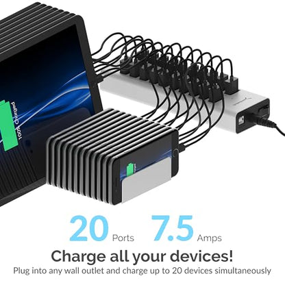 SABRENT 90W 20 Port USB 2.0 Fast Charger, 12V Power Supply Included (AX-P20C) - size: 20-PORT