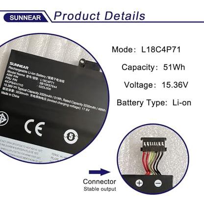 L18C4P71 L18L4P71 Battery for Lenovo ThinkPad X1 Yoga 4th/5th Gen | 15.36V 51Wh; Battery Replacement for Lenovo ThinkPad X1 Carbon 7th Carbon 8 Gen; L18M4P72 5B10W13932 SB10K97644 02DL004 - size: 11.8*4.4*1.13 inches L18C4P71